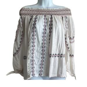 Vintage America Blues Women Top S Ivory 3/4 Sleeve Embroidered‎ Boho Festival